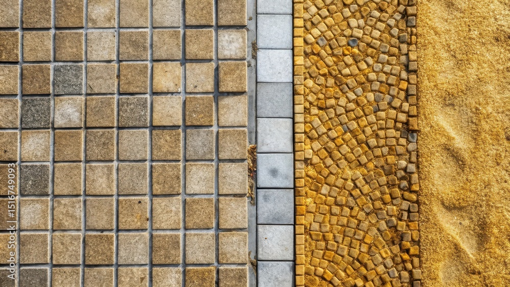Poster high-angle view of a pathway featuring contrasting paving materials square tiles, rectangular stones