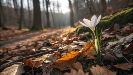 Obraz premium Single white flower blooming on forest floor amidst autumn leaves 