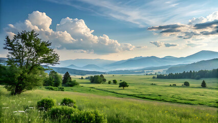 Fototapeta premium A Serene Valley: Rolling hills and lush green fields under a partly cloudy sky. A captivating scene evokes feelings of peace and tranquility. 