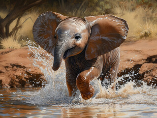 A baby elephant playing with water at a watering hole, splashing around in the cool liquid. The surrounding dry landscape contrasts with the youthful joy and innocence of 