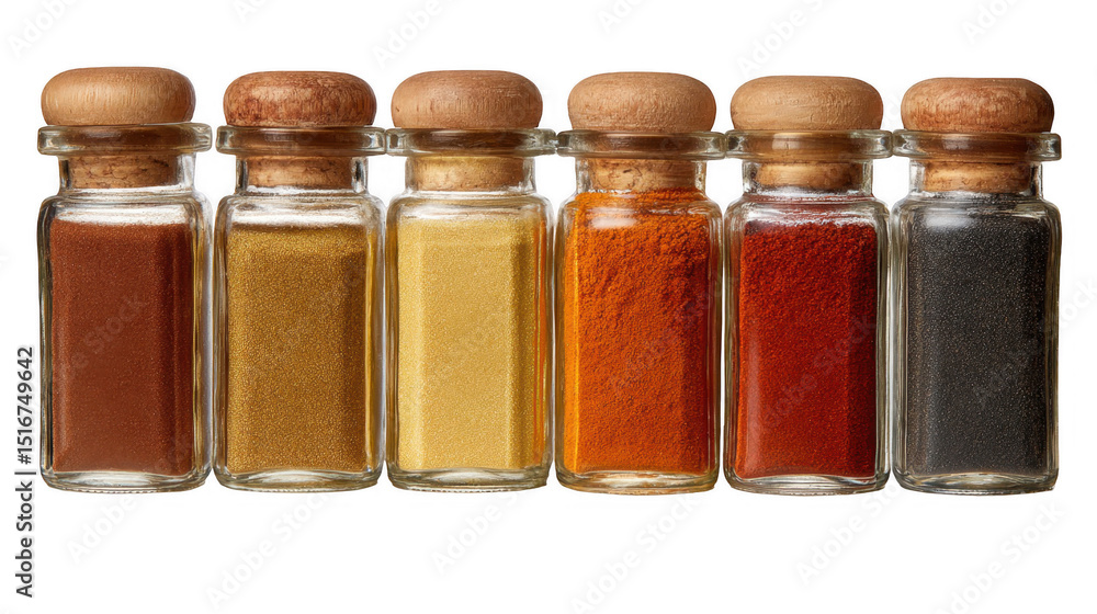 Poster Five spice jars filled with colorful spices forming an earthy color gradient are arranged in a row on a transparent background, ready to add flavor and visual appeal to any culinary project
