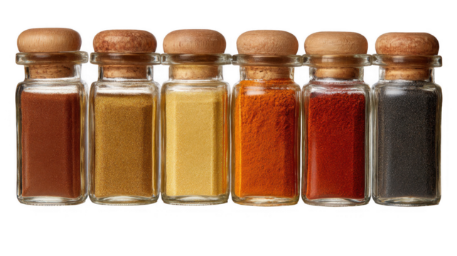 Five spice jars filled with colorful spices forming an earthy color gradient are arranged in a row on a transparent background, ready to add flavor and visual appeal to any culinary project
