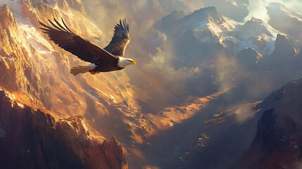 A bald eagle soaring high above a rugged mountain range, its sharp eyes scanning the landscape below. The sunlight reflects off its wings, emphasizing its grace and the majesty of the wild.
