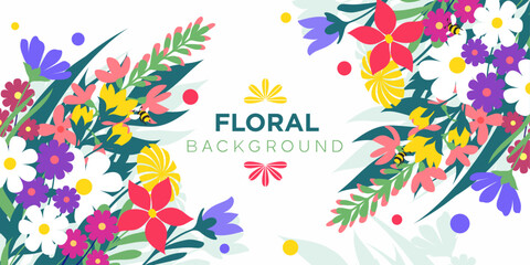 Background with meadow and garden blooming flowers in vector, flat style.