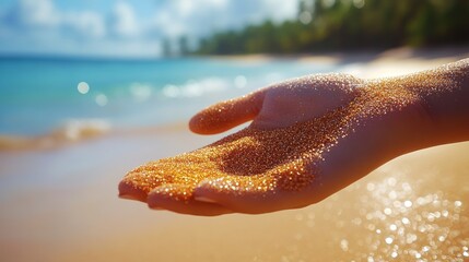 Close up of open hand holding sparkling golden sand on sunny tropical beach