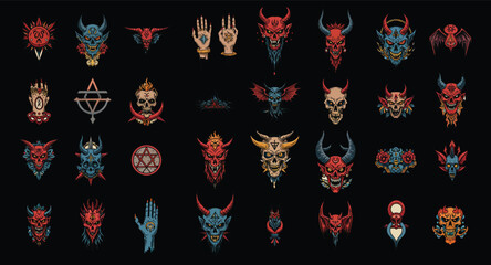 Extensive vector compilation of intricate dark occult and mystical emblems, showcasing demons, skulls, hands, and geometric symbols, perfect for alternative and edgy designs.