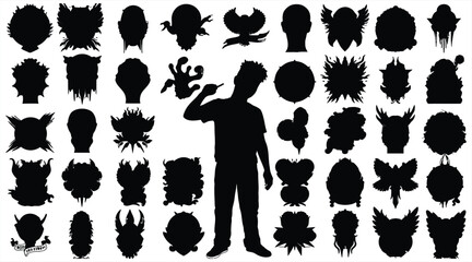 Comprehensive vector set featuring various unique monster, alien, and creature head silhouettes alongside a human figure, ideal for gaming, Halloween, or abstract art.