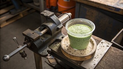 Fototapeta premium Matcha chia pudding served in a plastic cup on a workbench 