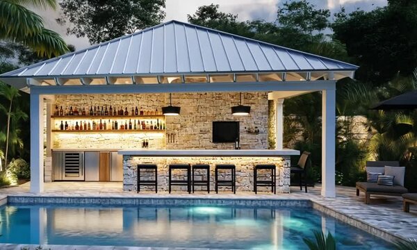 Outdoor covered bar area beside a pool at twilight