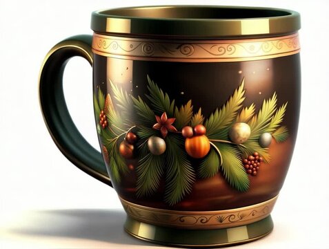 Decorative mug with holiday designs featuring leaves and ornaments