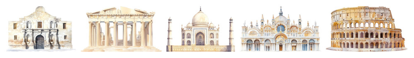 Obraz premium PNG Iconic global architectural landmarks, element set on transparent background