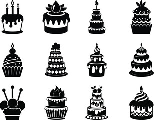 Silhouette cake icons with candles and frosting