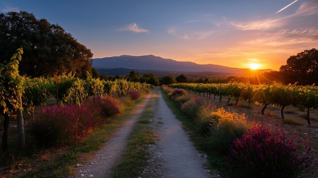 Beautiful sunset over vineyard with lush grapevines and vibrant flowers along the dirt path