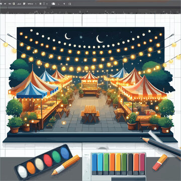 Illustration of a Night Market Scene with Art Supplies in the Foreground
