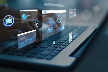 woman analyst uses a computer AI artificial intelligence and dashboard for data business analysis...