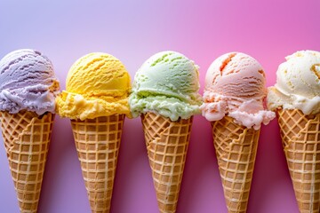 Many ice cream cones filled with various flavors stand in a row