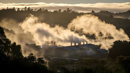 Obraz premium Industrial plant steam rising at sunrise