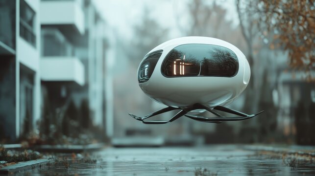 A futuristic floating pod hovers in a sleek urban environment, symbolizing advanced technology and innovation, capturing the imagination of what modern transport could look like.