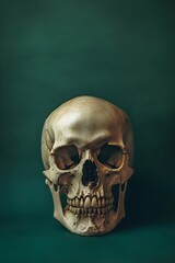Obraz premium Human skull dark green background still life
