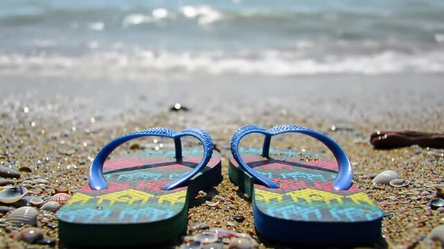 Pair of colorful flip-flops on a sandy beach with gentle waves in the background, creating a relaxing summer vacation scene