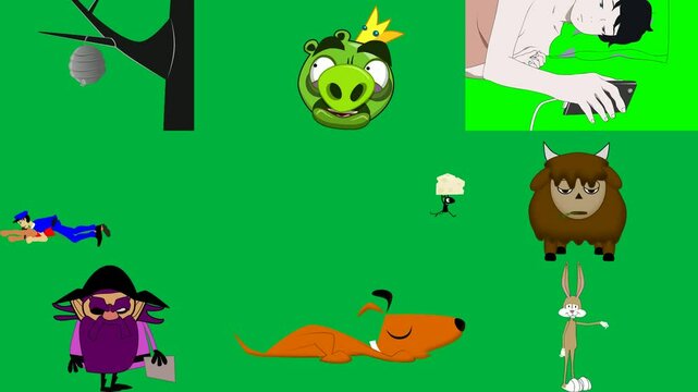 tree ball hanging its trunk green angry bird crown head person is holding cell phone their hand two people running screen white background cartoon bison character witch costume dog.
