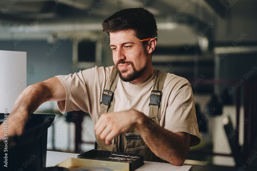 Poster man carefully inspects a power drill while working on a home improvement project in a workshop durin