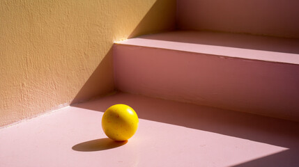 A yellow ball on a pink surface near a wall with stairs and shadows creating a minimalist scene