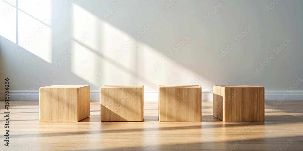 Aufkleber four light-colored wooden blocks arranged in a row on a hardwood floor, bathed in sunlight streaming
