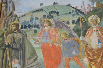 Fresco by Francesco Botticini, c.1475-80, Santa Maria Novella, Florence. Depicts Saint Roch, Tobias...