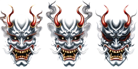 Set of angry demon oni masks isolated on the transparent background.PNG