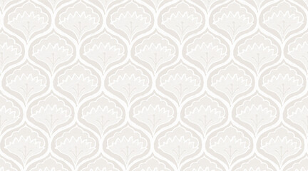 Muted beige and white floral pattern in a seamless symmetrical style for elegant decor.