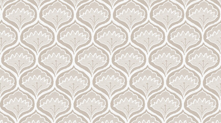 Muted beige and white floral pattern in a seamless symmetrical style for elegant decor.