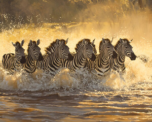 A herd of zebras crossing a river, the water splashing around them as they move through the cool...