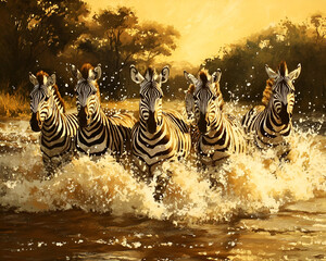 A herd of zebras crossing a river, the water splashing around them as they move through the cool...