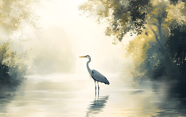 A heron standing in the shallows of a calm river, its wings folded as it surveys the water. The...