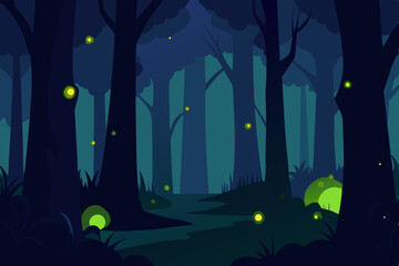 Dark Halloween night vector illustration with haunted castle silhouette under a blue moonlight sky and spooky trees