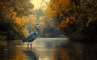 A heron standing in the shallows of a calm river, its wings folded as it surveys the water. The...