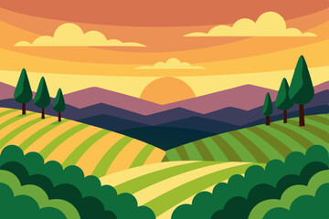 Obraz premium Vector illustration of a summer landscape with green grass, blue sky, and sun over mountains and hills