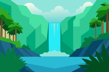 Fototapeta premium Green summer nature illustration of a vector city landscape with trees and buildings under a cloudy sky