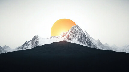 Dramatic snow capped mountain peaks silhouetted by glowing rising sun, creating serene and breathtaking morning landscape with high contrast and natural beauty