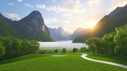 Serene landscape with early sunlight breaking through clouds, illuminating lush green hills, winding path, and valley covered in fog, surrounded by towering mountains