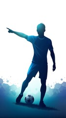 Dynamic silhouette of a soccer player pointing with football illustration and abstract background