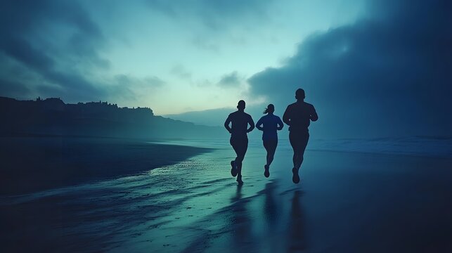Silhouette of three runners on a beach at dawn.