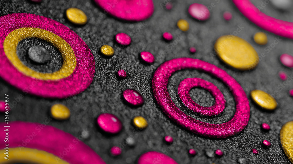 Poster close up of pink and gold circles and dots on a textured black surface with shallow depth of field