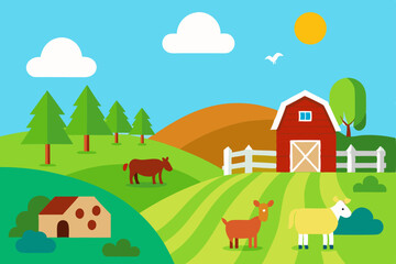Rural landscape with a farm house, barn, and cows in the field, an illustration of nature's home in the countryside