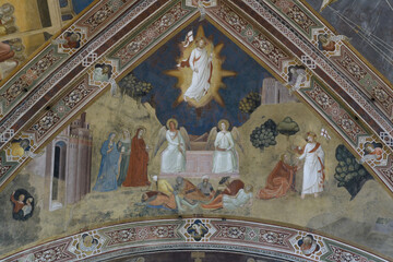 Fresco by Andrea di Bonaiuto in the Spanish Chapel, Santa Maria Novella, Florence, Italy. Christ's Resurrection with empty tomb, angels, and appearance to Mary Magdalene.