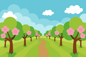 Obraz premium Summer landscape illustration of nature with trees, grass, and sky with clouds