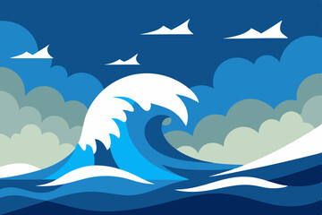 Vector illustration of a tropical island landscape with a blue ocean, sky, and waves