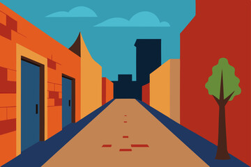 City street scene with urban buildings, road, and sky