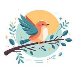 Vector illustration of a colorful bird perched on a branch surrounded by leaves